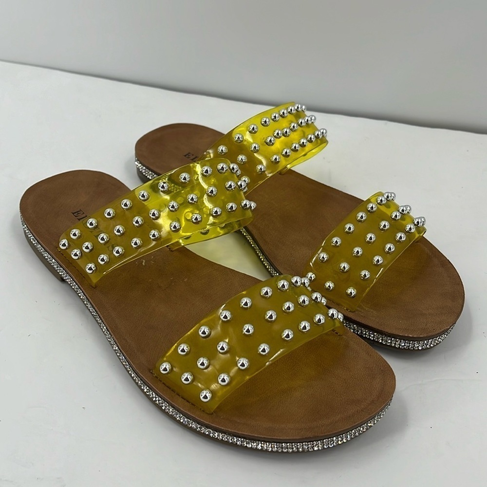 Elditas Yellow Jelly Slip On Flat Sandals Rhinestone Studded Silver 6.5